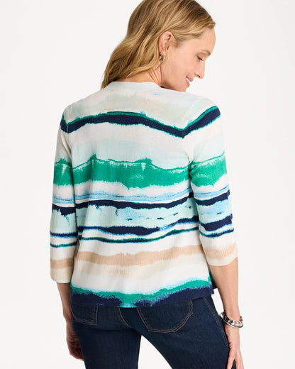 Chico's Grotto Striped Summer Romance Cardigan Green Clover