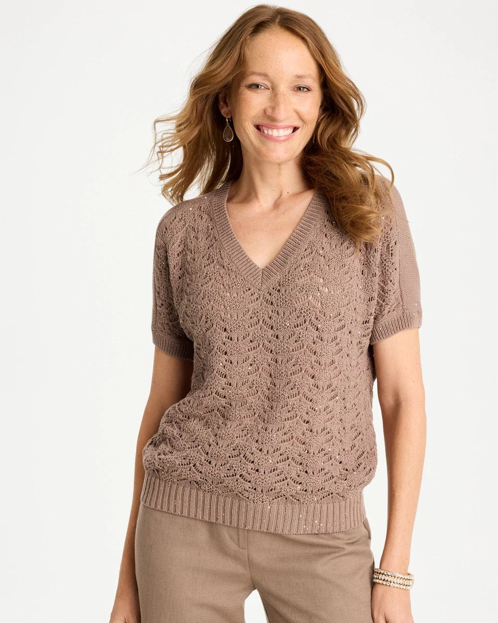 Chico's Sequin Pointelle Pullover Topaz Smoke