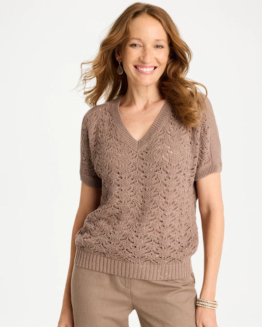 Chico's Sequin Pointelle Pullover Topaz Smoke