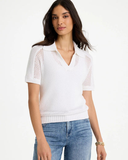 Chico's Sequin Pointelle Pullover Polo Sweater Alabaster