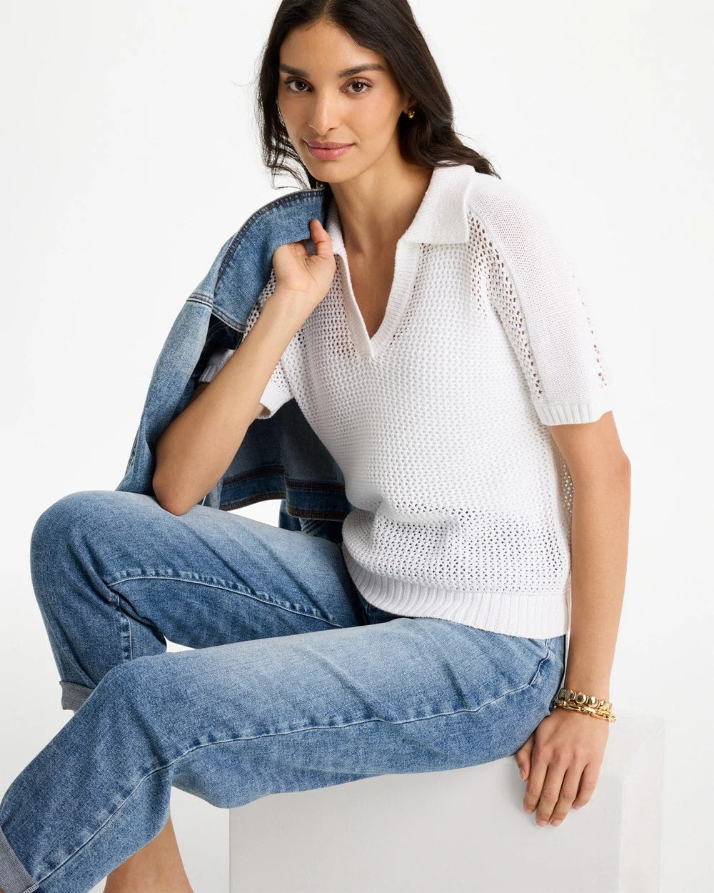 Chico's Sequin Pointelle Pullover Polo Sweater Alabaster