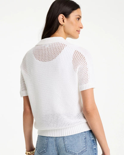 Chico's Sequin Pointelle Pullover Polo Sweater Alabaster