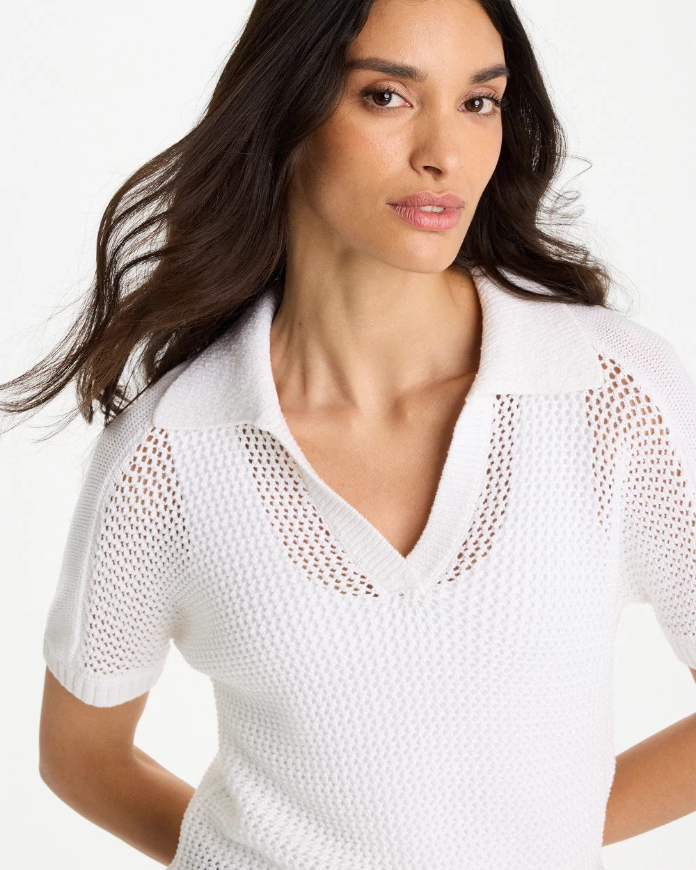Chico's Sequin Pointelle Pullover Polo Sweater Alabaster