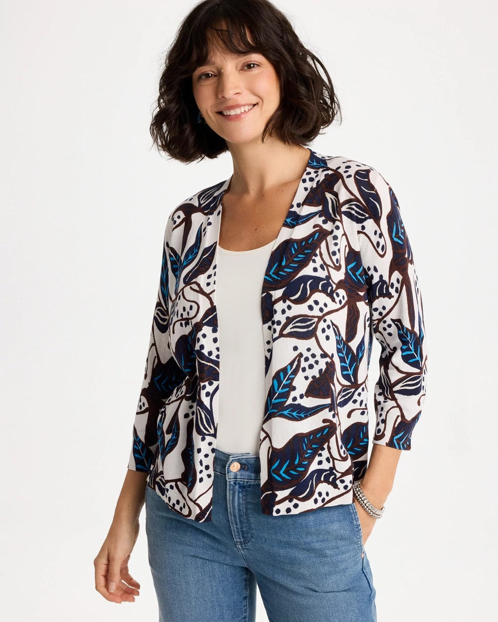 Chico's Printed Summer Romance Cardigan Deep Brown