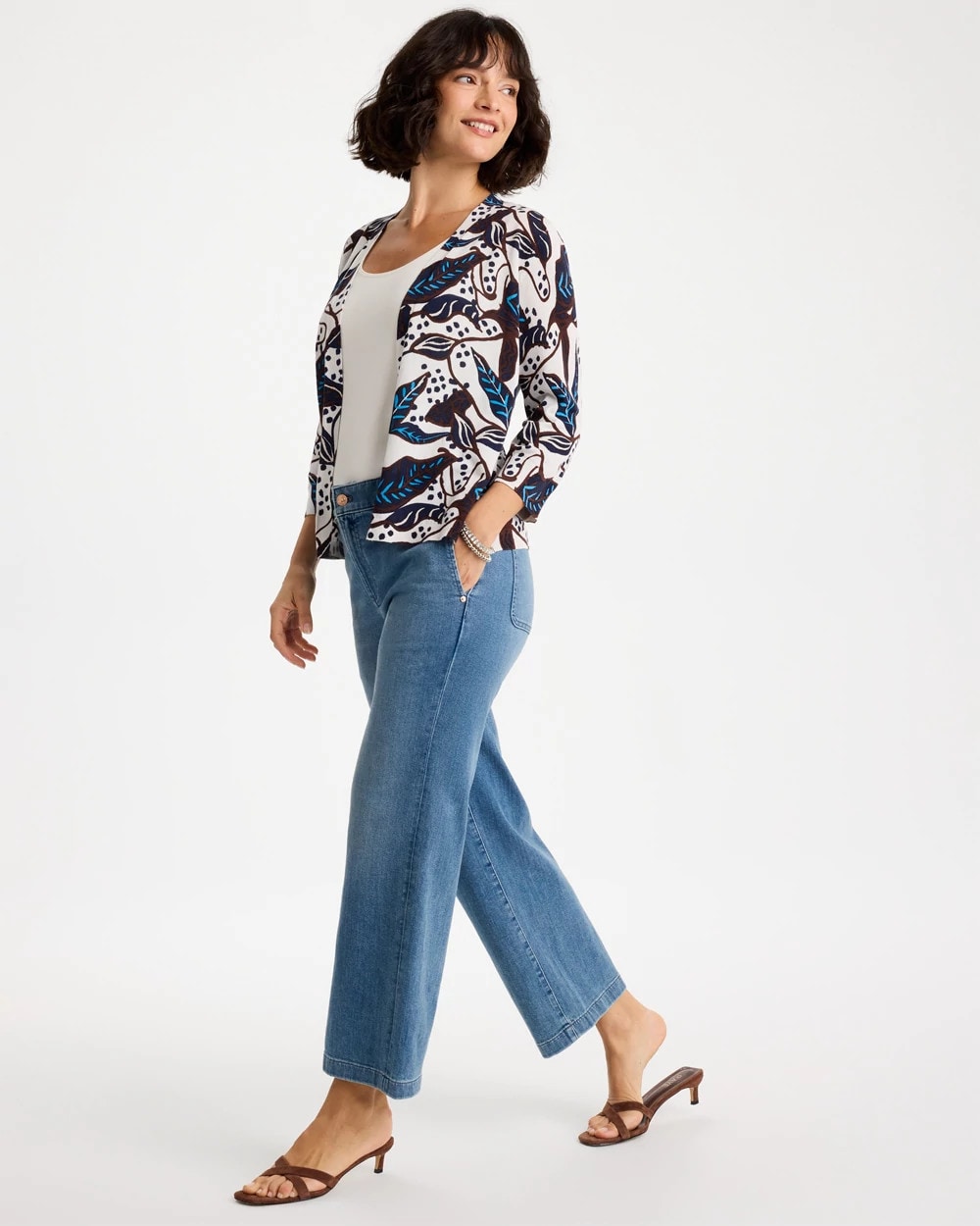 Chico's Printed Summer Romance Cardigan Deep Brown