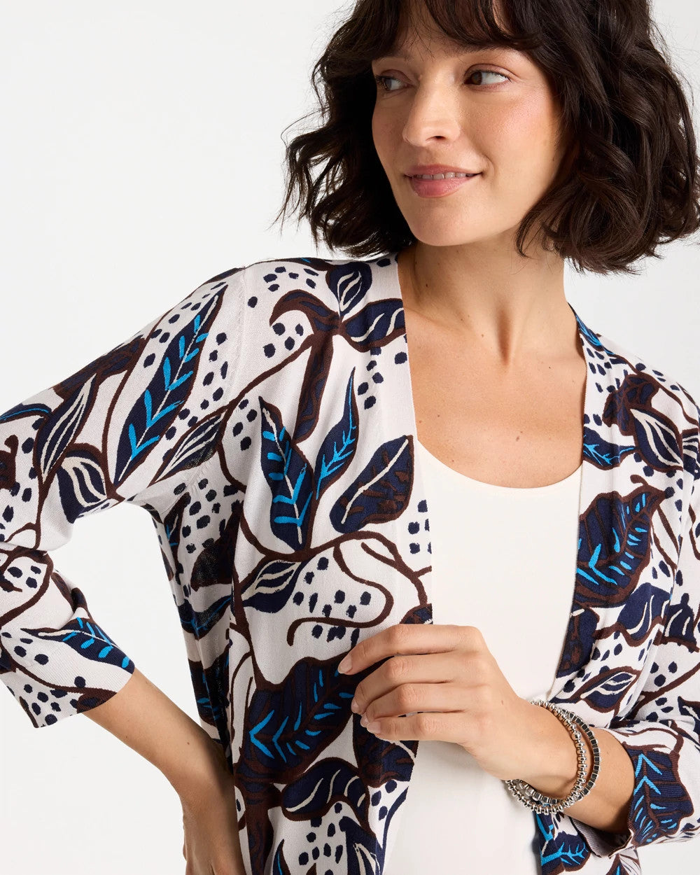 Chico's Printed Summer Romance Cardigan Deep Brown