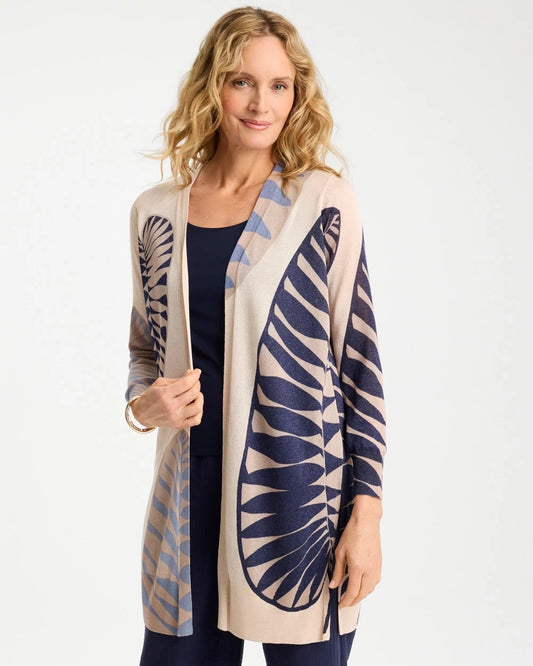 Chico's Long Leaf Print Summer Romance Cardigan Ecru