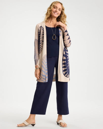 Chico's Long Leaf Print Summer Romance Cardigan Ecru
