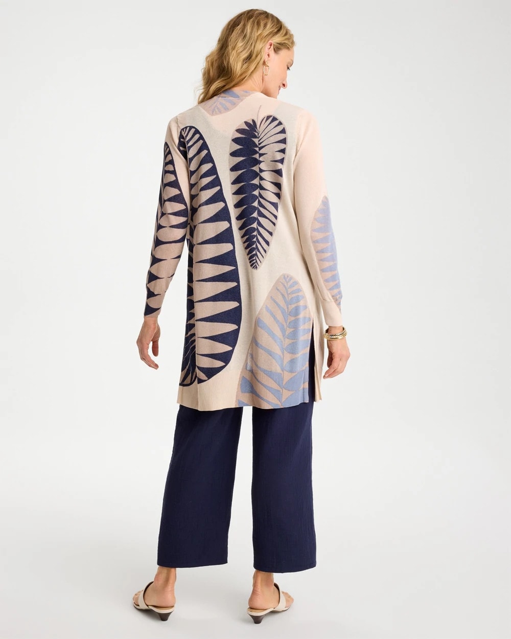 Chico's Long Leaf Print Summer Romance Cardigan Ecru