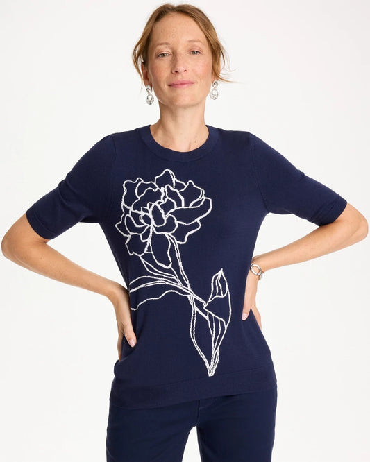 Chico's Ella Short-Sleeve Floral Sweater Passport Blue