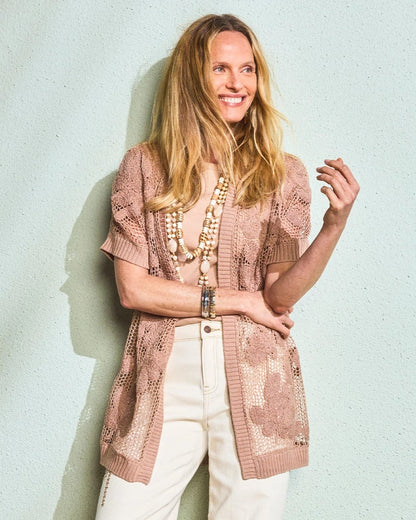 Chico's Cotton-Blend Crochet Cocoon Cardigan Mocha Mousse