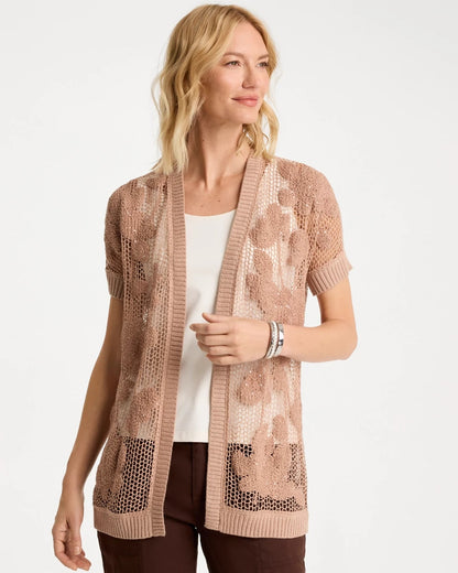 Chico's Cotton-Blend Crochet Cocoon Cardigan Mocha Mousse
