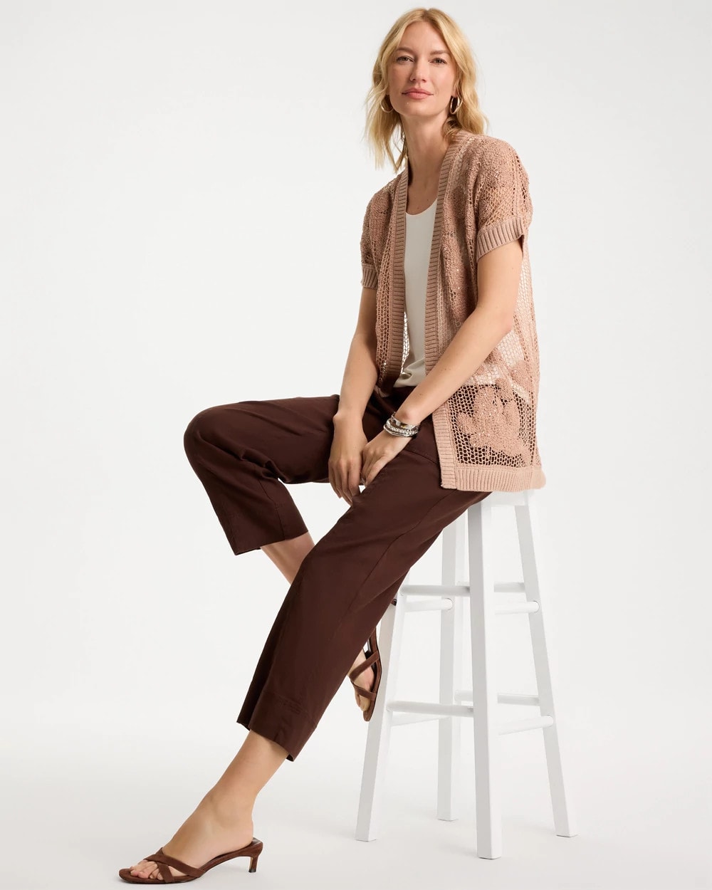 Chico's Cotton-Blend Crochet Cocoon Cardigan Mocha Mousse