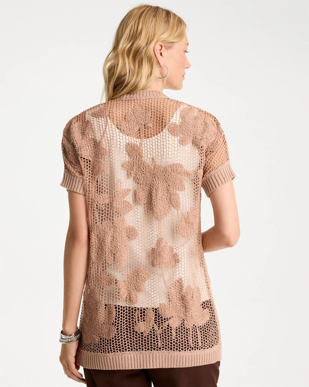 Chico's Cotton-Blend Crochet Cocoon Cardigan Mocha Mousse