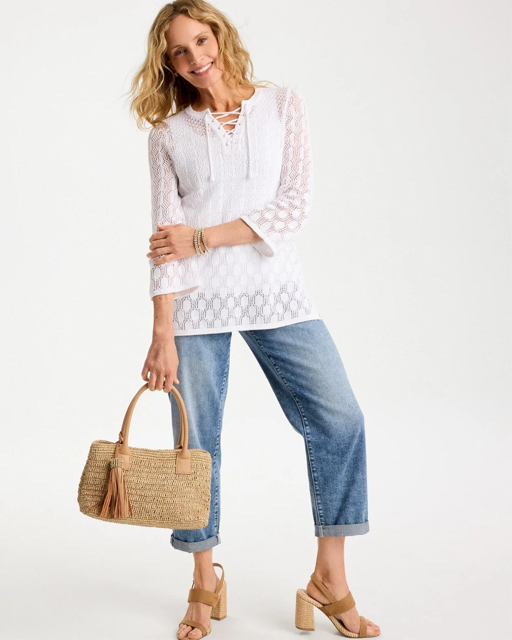 Chico's Cotton-Linen Lace Notch-Neck Sweater Alabaster