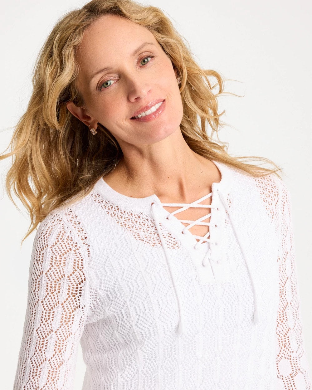 Chico's Cotton-Linen Lace Notch-Neck Sweater Alabaster