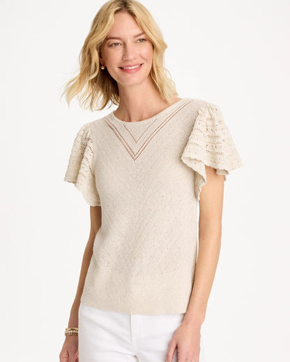 Chico's Pointelle Metallic Flutter-Sleeve Pullover Cream