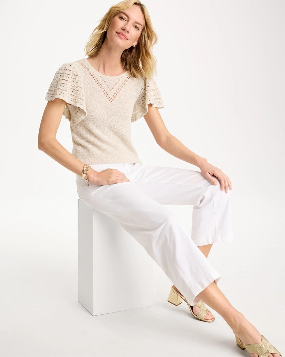 Chico's Pointelle Metallic Flutter-Sleeve Pullover Cream