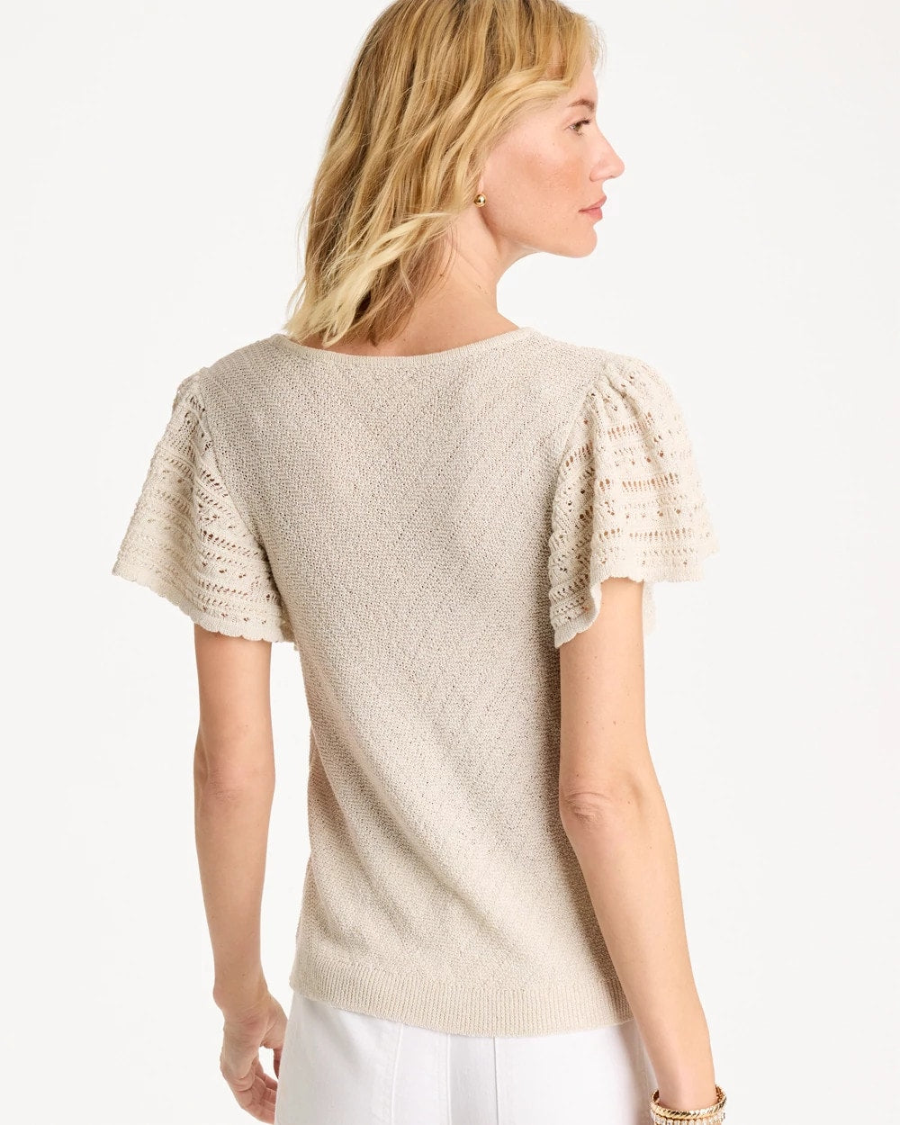 Chico's Pointelle Metallic Flutter-Sleeve Pullover Cream