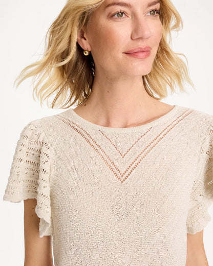 Chico's Pointelle Metallic Flutter-Sleeve Pullover Cream