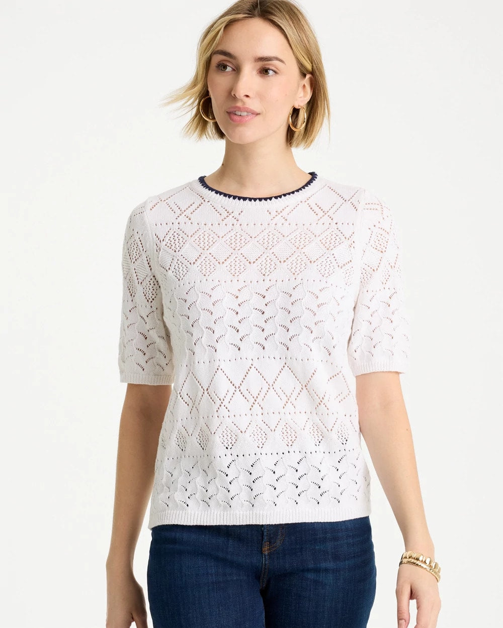 Chico's Pointelle Blanket-Stitch Pullover Sweater Alabaster