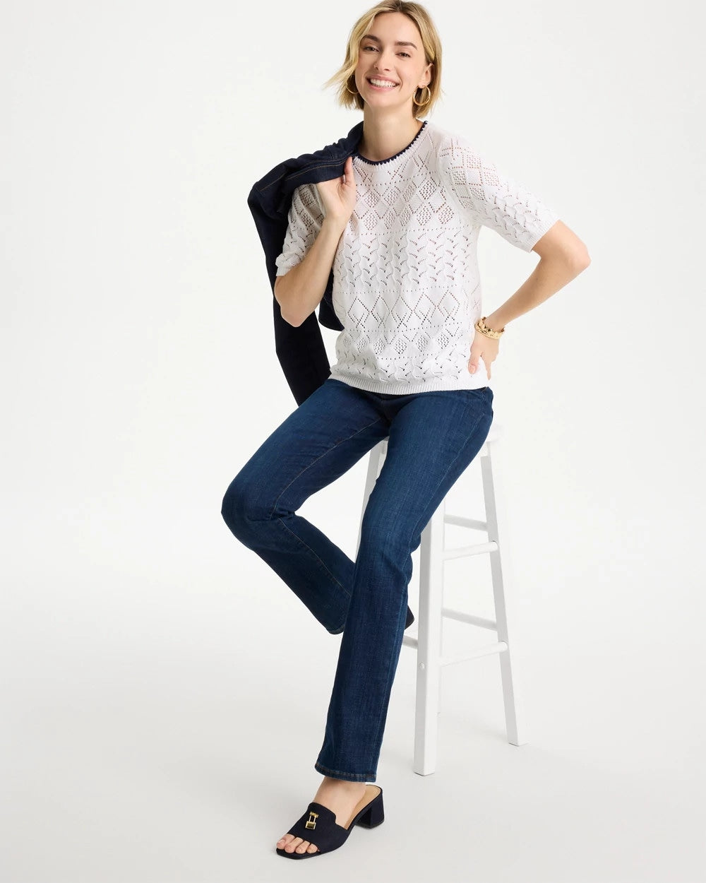 Chico's Pointelle Blanket-Stitch Pullover Sweater Alabaster