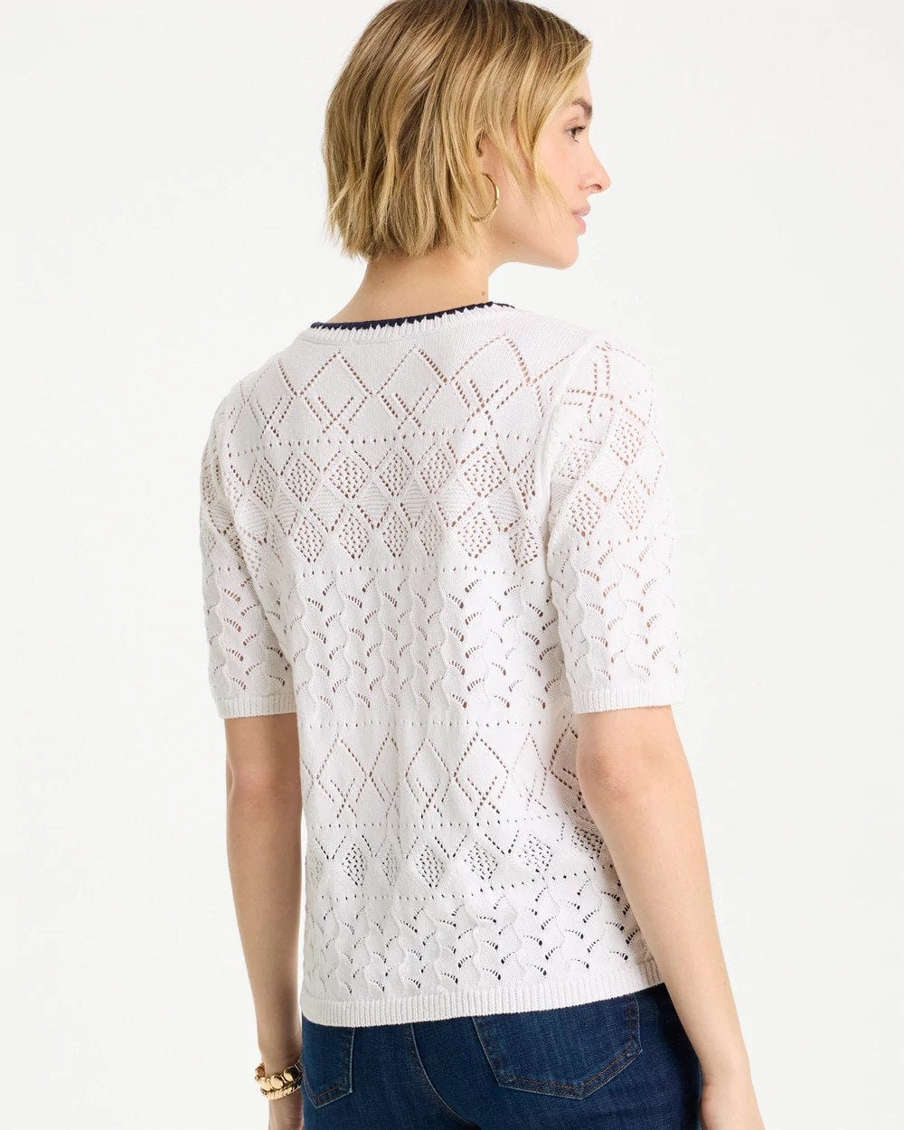 Chico's Pointelle Blanket-Stitch Pullover Sweater Alabaster