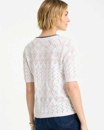 Chico's Pointelle Blanket-Stitch Pullover Sweater Alabaster