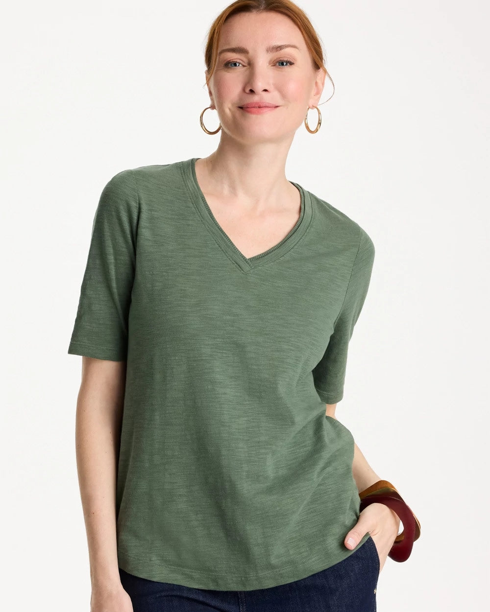 Chico's Cotton Slub V-Neck Tee Kelp Forest