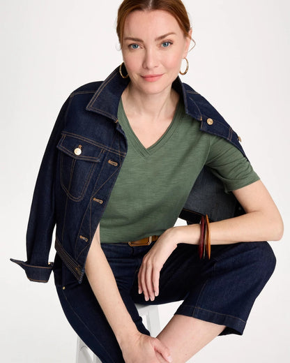 Chico's Cotton Slub V-Neck Tee Kelp Forest