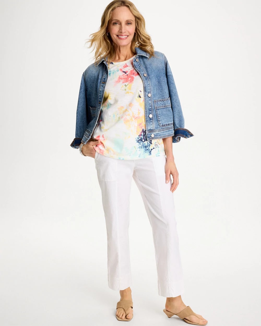 Chico's Cotton Slub Printed Henley Tee Bondi Blue