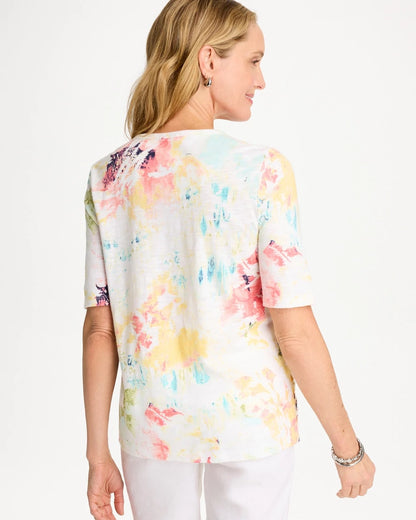 Chico's Cotton Slub Printed Henley Tee Bondi Blue