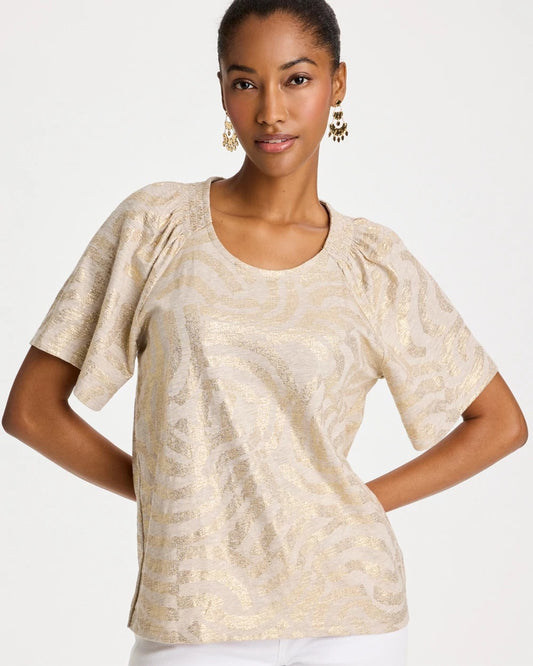 Chico's Cotton Foiled Shirred Tee Smokey Taupe
