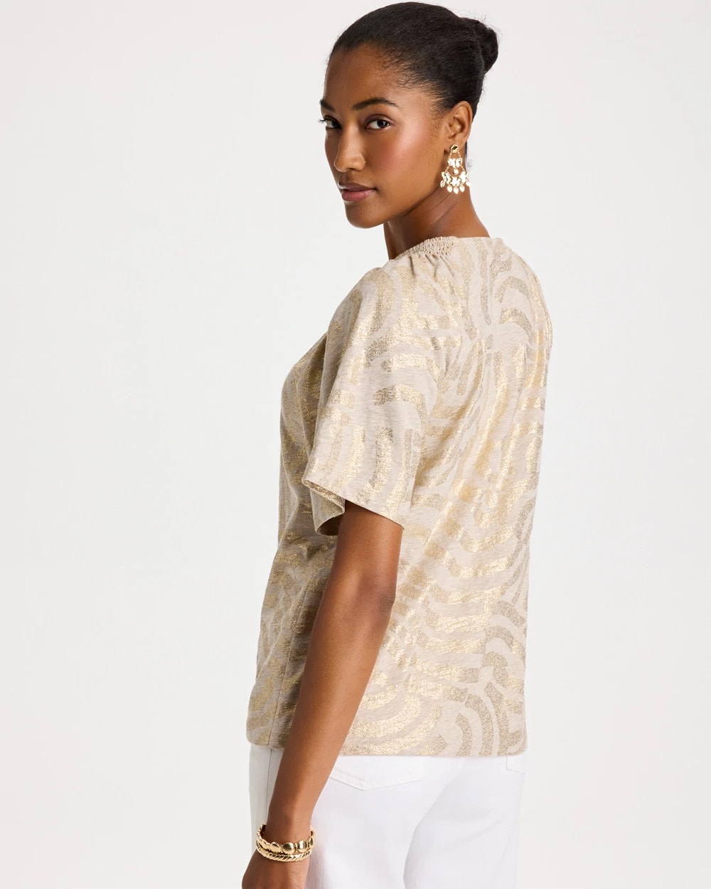 Chico's Cotton Foiled Shirred Tee Smokey Taupe