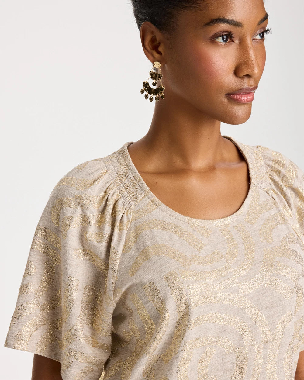Chico's Cotton Foiled Shirred Tee Smokey Taupe