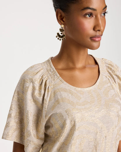 Chico's Cotton Foiled Shirred Tee Smokey Taupe