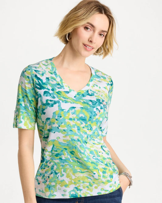 Chico's Pima Printed Elbow Sleeve Tee Bondi Blue