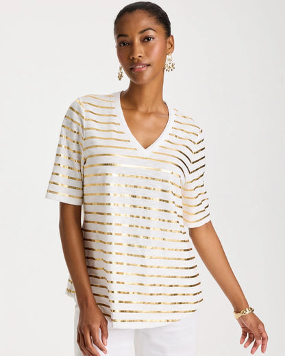 Chico's Striped Cotton Slub V-Neck Tee Alabaster