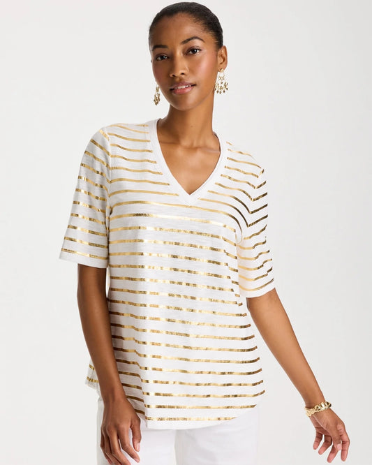 Chico's Striped Cotton Slub V-Neck Tee Alabaster