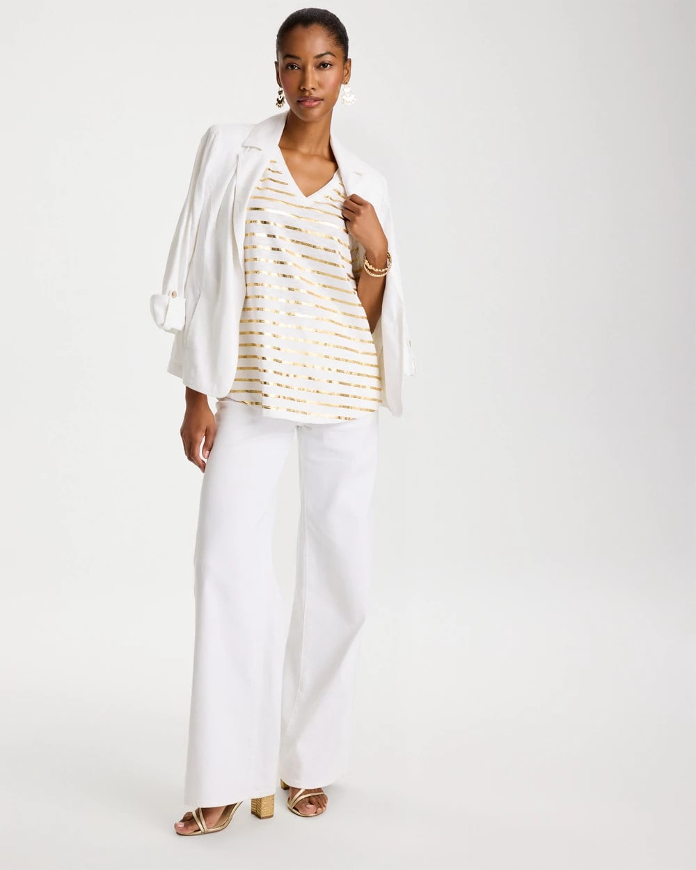 Chico's Striped Cotton Slub V-Neck Tee Alabaster