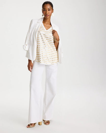 Chico's Striped Cotton Slub V-Neck Tee Alabaster