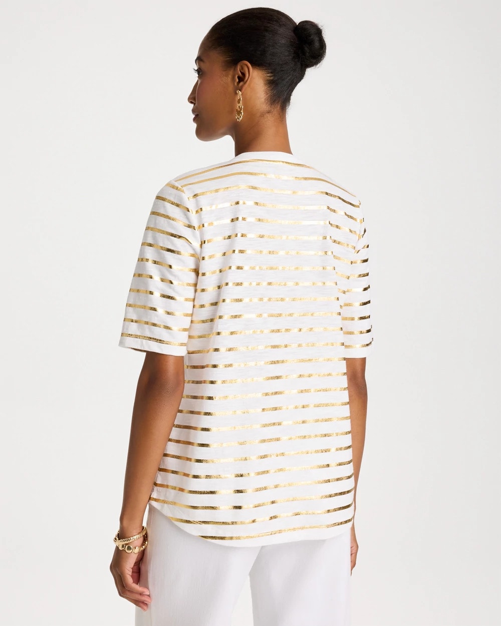 Chico's Striped Cotton Slub V-Neck Tee Alabaster