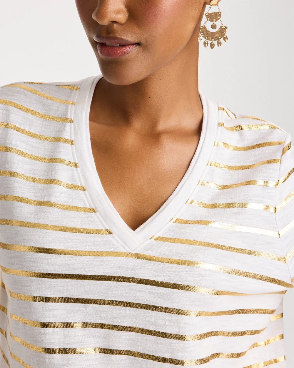 Chico's Striped Cotton Slub V-Neck Tee Alabaster