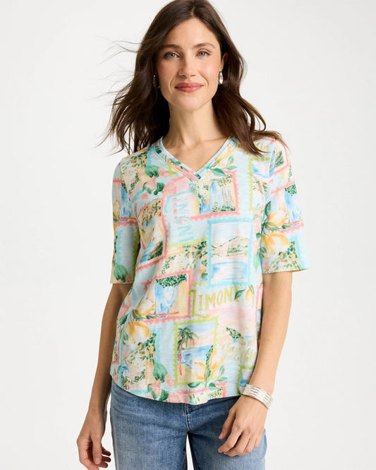 Chico's Limoni Dolci Cotton Slub V-Neck Tee Bondi Blue
