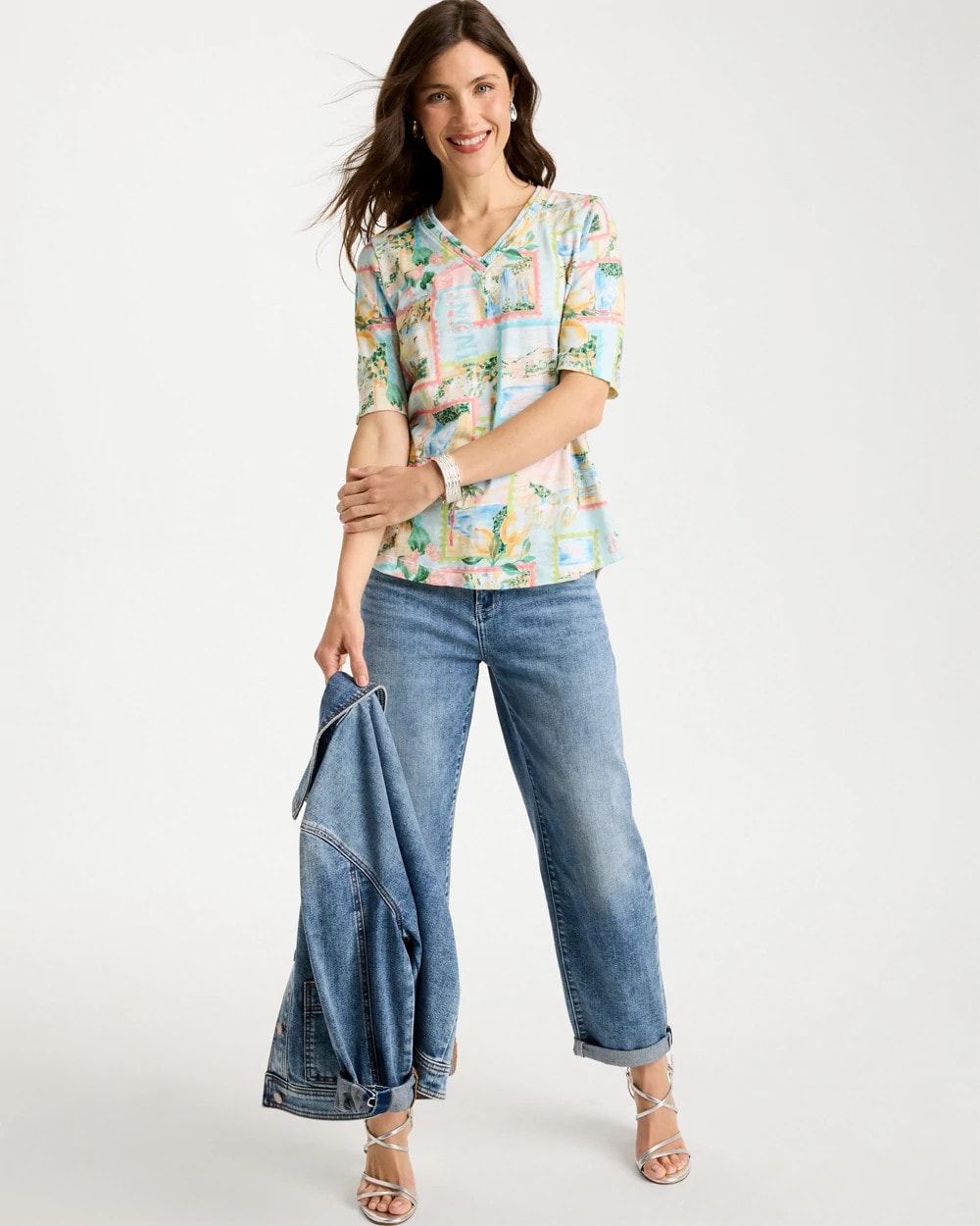 Chico's Limoni Dolci Cotton Slub V-Neck Tee Bondi Blue