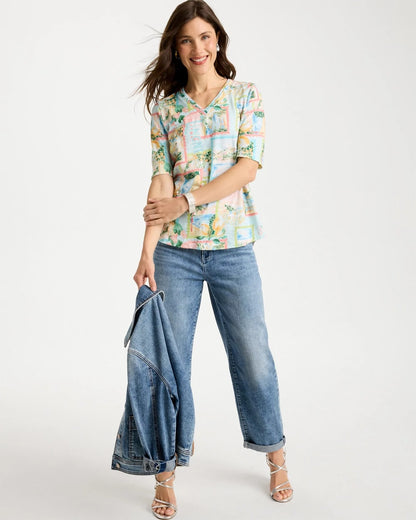 Chico's Limoni Dolci Cotton Slub V-Neck Tee Bondi Blue