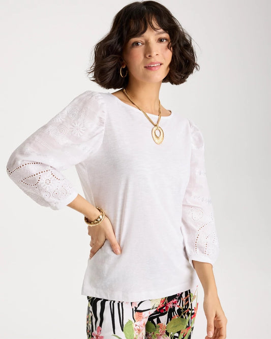 Chico's Cotton Eyelet Sleeve Tee Alabaster
