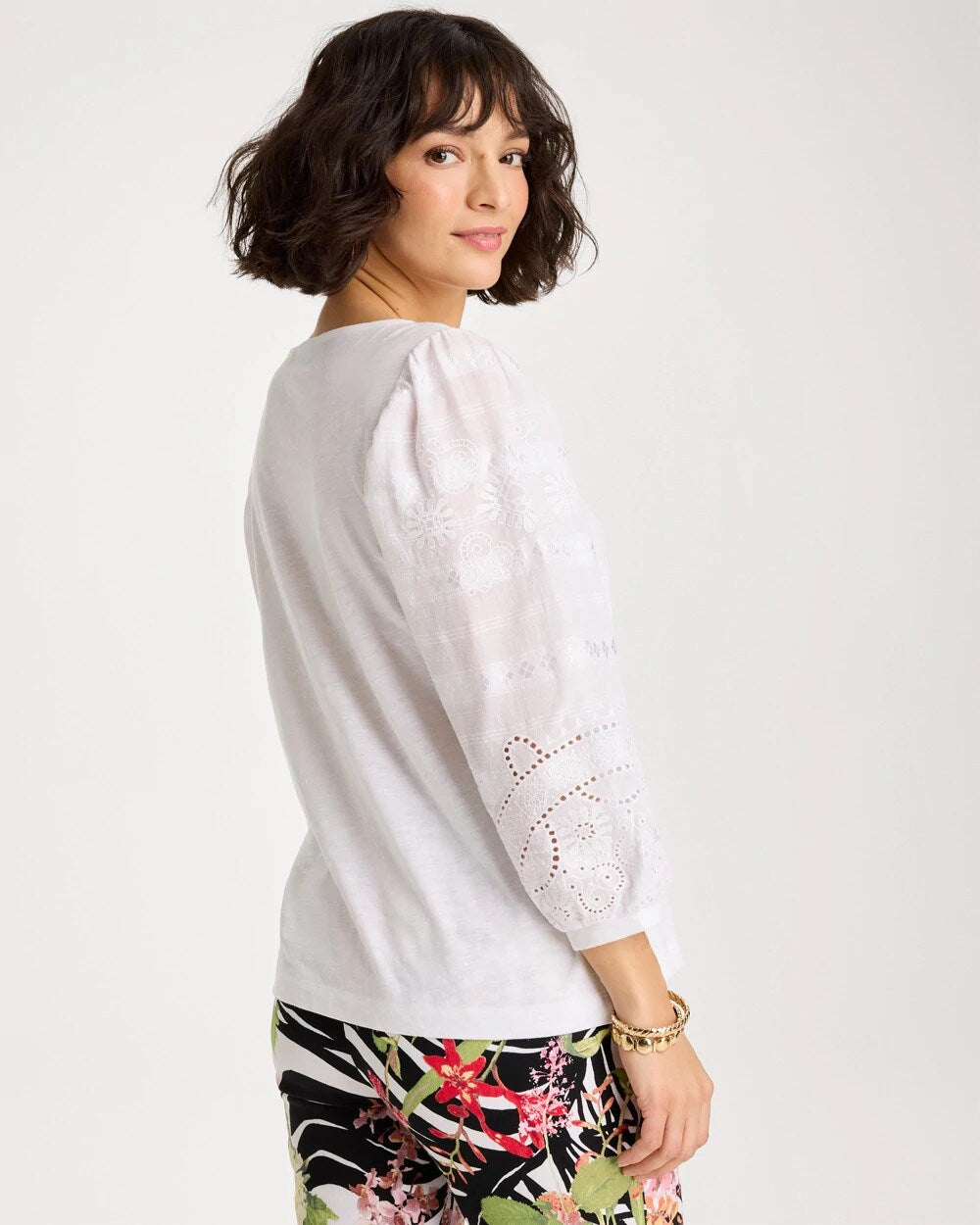 Chico's Cotton Eyelet Sleeve Tee Alabaster