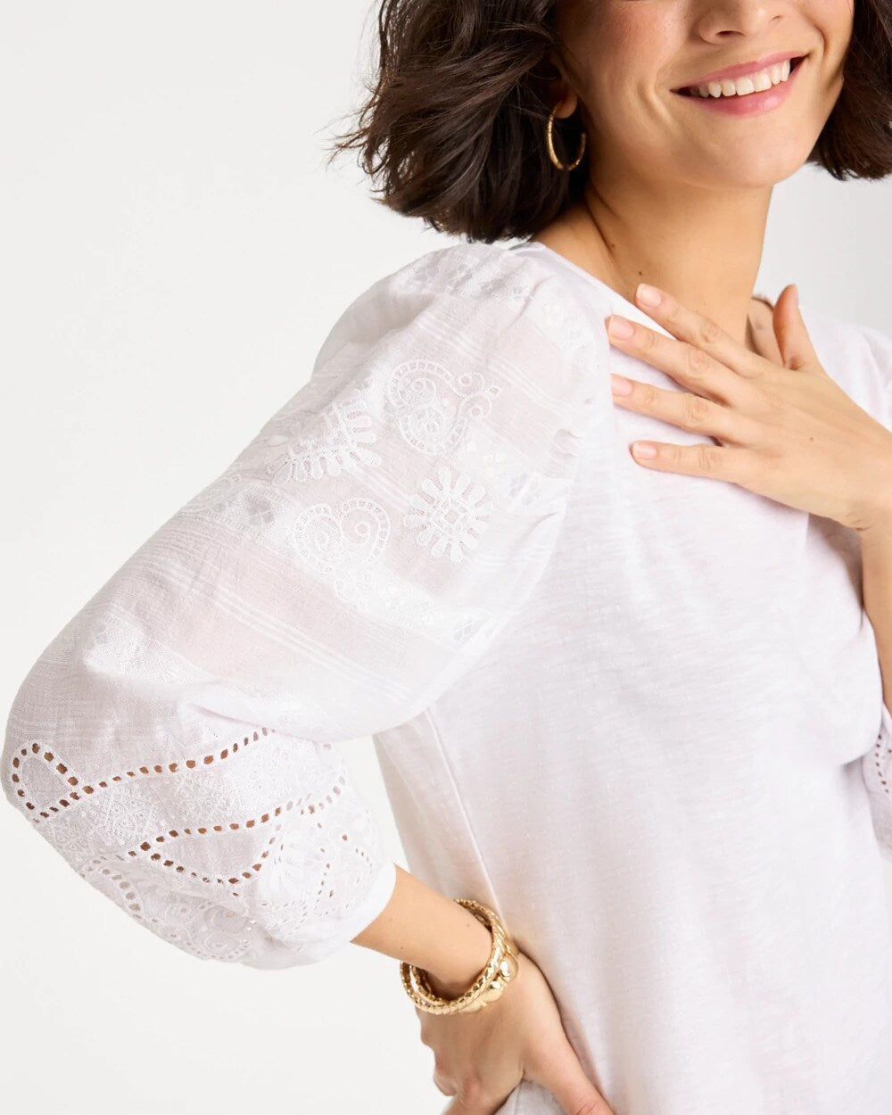 Chico's Cotton Eyelet Sleeve Tee Alabaster