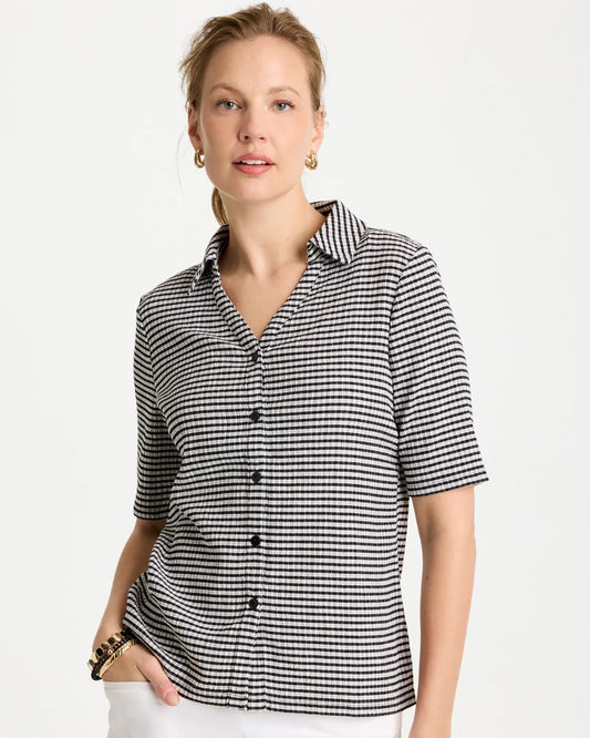 Chico's Gingham Textured Camp Tee Black